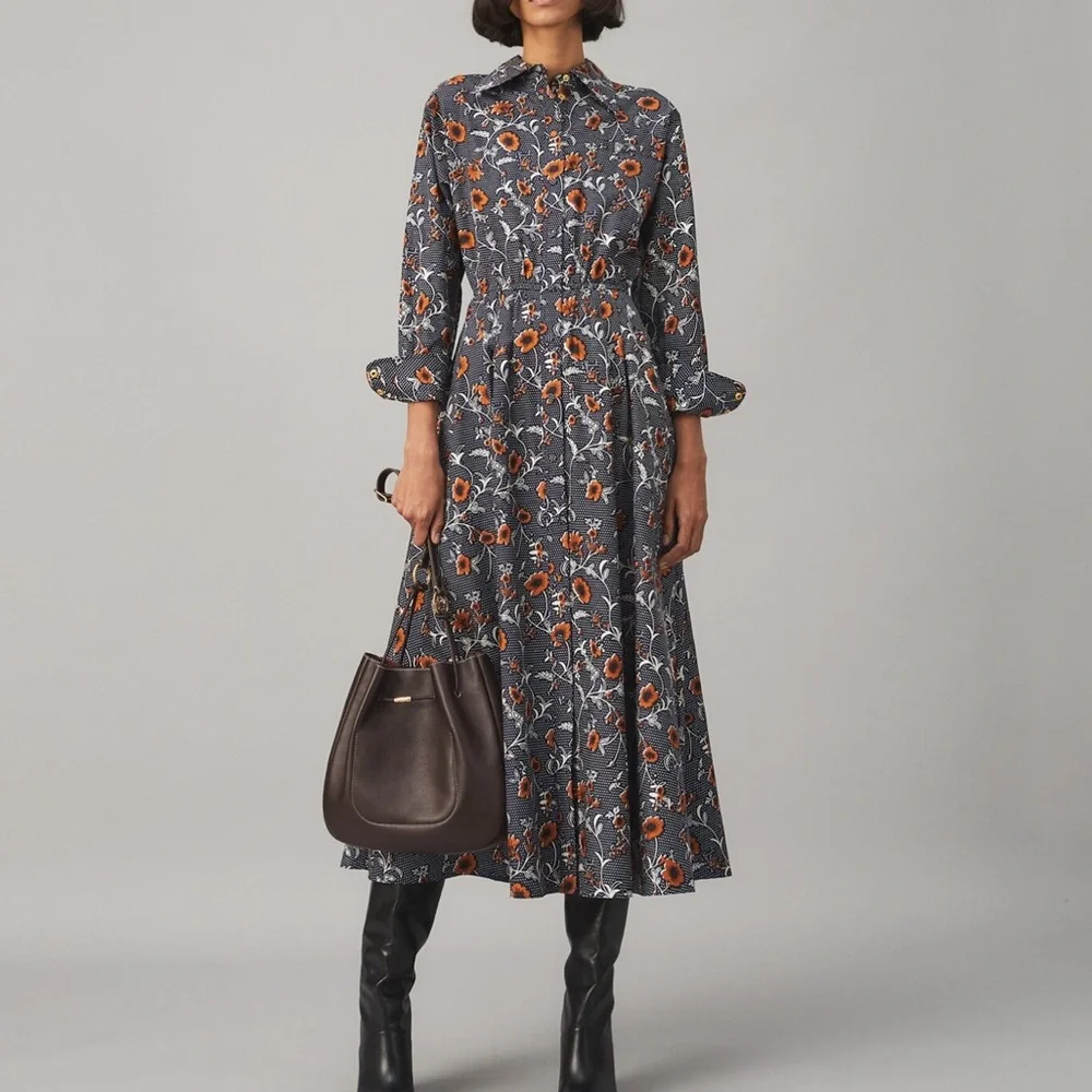 Tory Burch Eleanor Silk Twill Midi Dress Size 10 Floral Pockets Snap Buttons